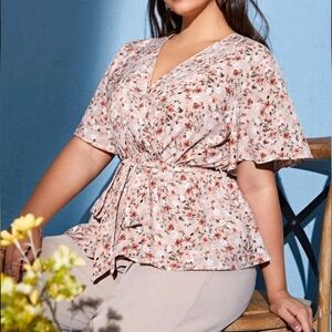 SHEIN Plus Ditsy Floral Wrap Belted Blouse